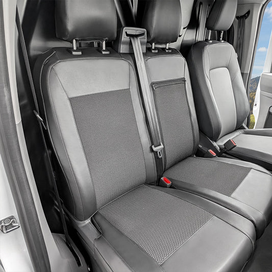 Volkswagen Transporter T7 komplet pokrowców ochronnych na siedzenia dla kierowcy i podwójnego fotela pasażera ze schowkiem / składanym stolikiem (od 2025)